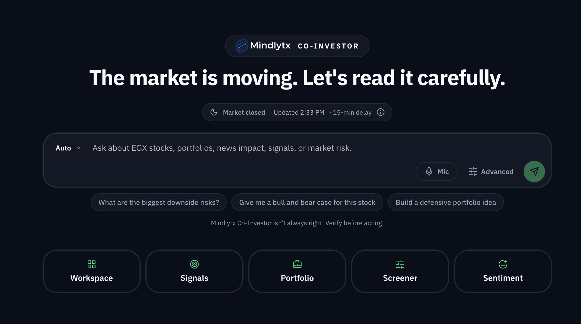 Mindlytx Co-Investor workspace for asking questions and reading the market